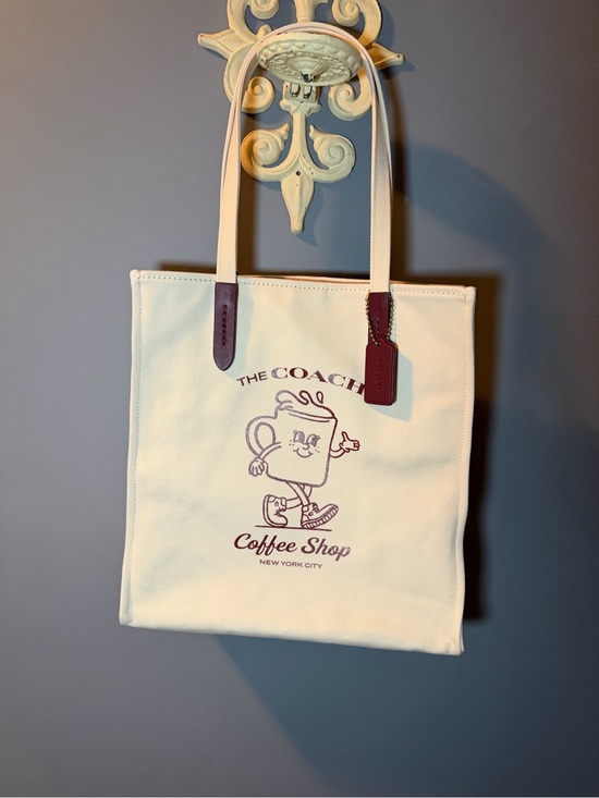 Coach Handbags - Coach Cream Canvas 'Coffee Shop' Tote with Burgundy Accents